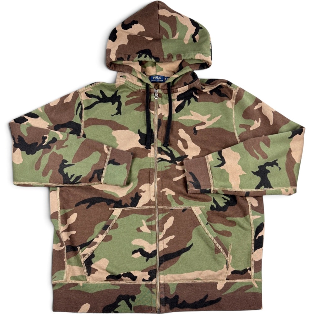 Polo Ralph Lauren Woodland Camo Hoodie Mens XL Full Zip Fleece Pony Logo
